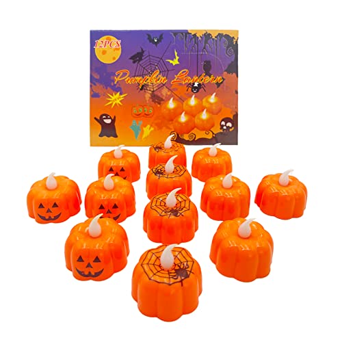 Huhemy Velas Led Efecto Llama Calabaza,12Pcs Velas led halloween,halloween lámpara de velas sin llama,Parpadeo blanco cálido,Velas halloween calabaza aplicar a halloween decoracion Cover