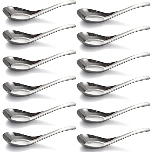 Lot de 6 cuillères à soupe chinoises en acier inoxydable poli miroir pour bouillon, dessert, céréales, thaï, miso ramen