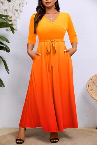 Image of Runwind Plus Size Maxi Dresses - 3 /4 Sleeve V Neck Long Dresses for Women (XL-6XL)