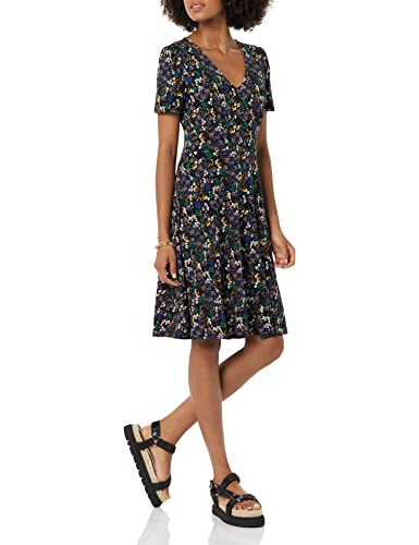 Image of Amazon Essentials Women's Short Sleeve V-Neck Gathered Flattering Fit and Flare Dress