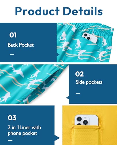Image of Gleeease 7inch Mens Swim Trunks 2 in 1 with Compression Liner Pockets Drawstring Quick Dry Stretch Lined Funny Beach Pool