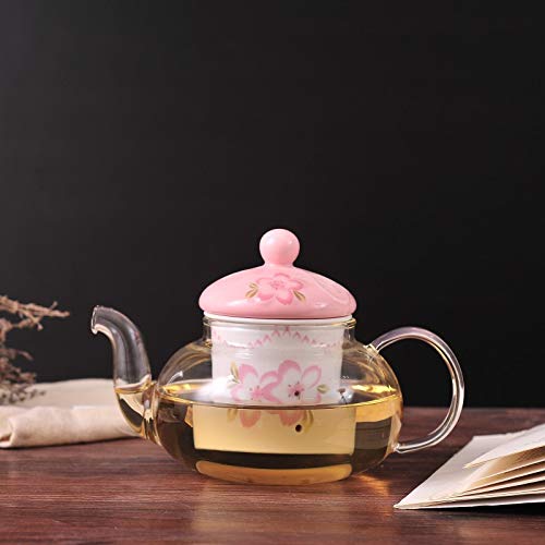 Tee-Set für 2 Personen, Knochenporzellan, Teekanne, Tasse und Untertasse, Set mit Stövchen und Tee-Ei, Kirschblüten-Design (Glas-Teekanne)