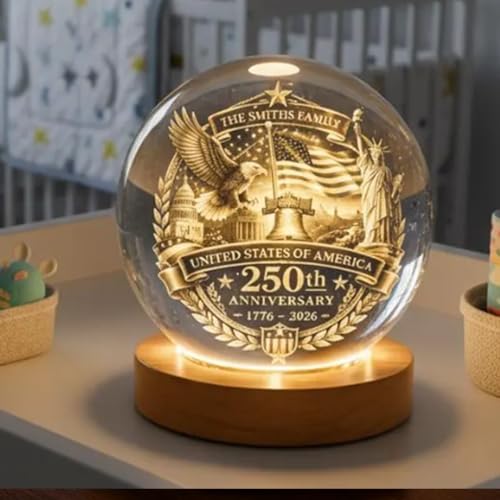 Image of 250 Anniversary Usa Merchandise, Personalized 250th Anniversary Crystal Ball Night Light, Custom 1776-2026 USA LED Lamp, Engraved Patriotic Gift, American Independence Decor Light for Desk Home