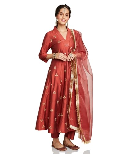 Image of Amazon Brand - Myx Women's Embroidered Kalidar Kurta Pant Set with Organza Dupatta (Available in Plus Sizes)