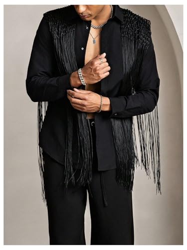 Men's Fringe Tassel Shirts Fringe Button Down Long Sleeve Party Disco Rave Shirt4
