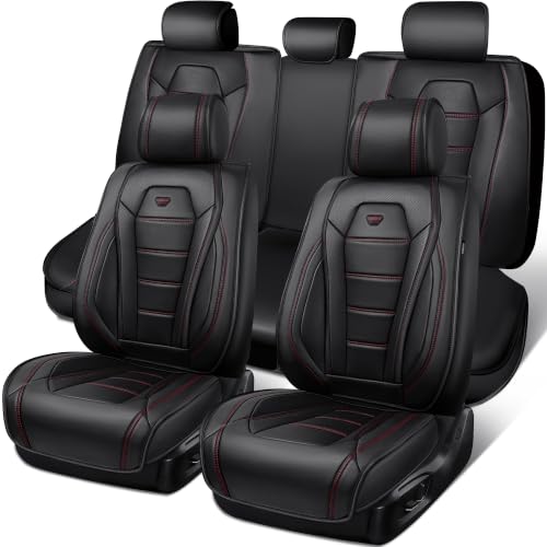 Image of CAR PASS Nappa Leather Car Seat Covers Full Set Faux Leather, Black | Luxury Nappa Leather,360 Full Protection,Water resistant,3D Foam Comfort,Scratch proof,Universal Fit for Most Cars SUV Truck