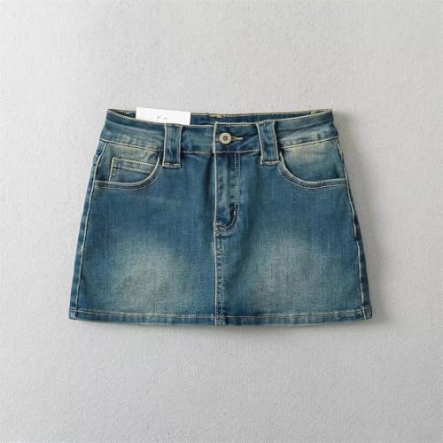 Women's Retro Washed Bleach Denim Mini Skirt High Waist Slimming Bodycon Cotton Knitted Short Skirt2