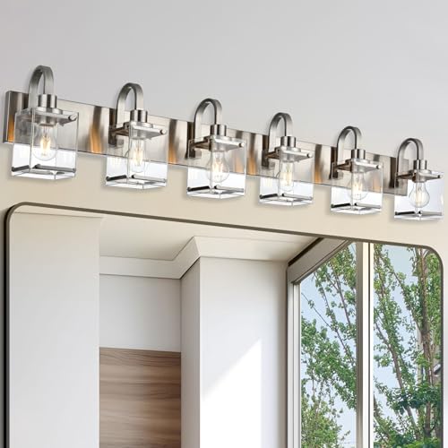 Image of 6-Light Bathroom Light, Brushed Nickel Vanity Light Fixture Over, Mirror,Modern Wall Lamp with Clear Glass Shade Wall Sconce Lighting for Living Room, Bedroom, Hallway