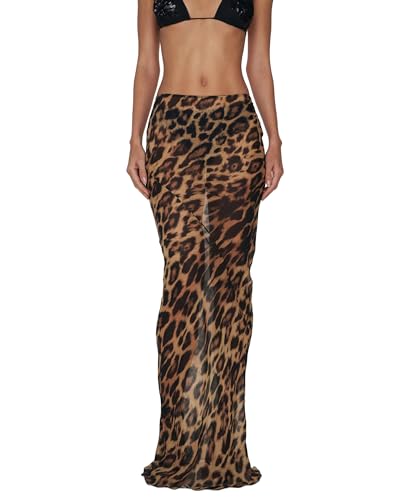 SANSIWU Women Leopard Print Long Skirts Summer Y2k Sheer See Through Bodycon Pencil Skirt Beach Cheetah Maxi Skirts Clubwear (A-01, S)