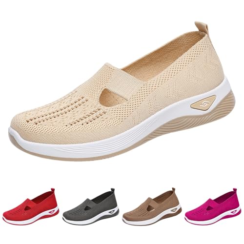 ZWRXW Orthopedic Flats for Women Lightweight Comfortable Arch Support Sneaker Breathable Knitted Soft Non-Slip Mesh Up Footwear Woven Work Walking Shoe4
