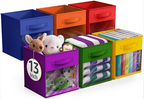 Sorbus 13 Inch Storage Bins with Clear Window - 6 Foldable Baskets for Organizing Clothes, Toys, Books - Sturdy Collapsible Fabric Storage Cubes with Handle - Storage Baskets for Shelves, Closets