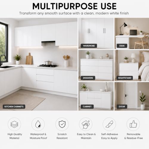 Image of Vinyl Contact Paper Decorative for Cabinets Countertops Kitchen Shelves Liner Self Adhesive Film Peel and Stick Waterproof Removable Wallpaper (Inches 12 x 60, Matte White)