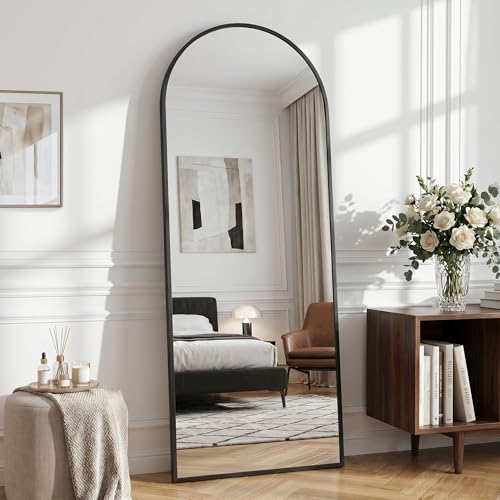 Image of Full Length Mirror, 58.5 inchx18 inch Arched Floor Mirror Freestanding, Floor Standing Full Body Mirror with Stand for Bedroom, Hanging Mounted for Living Room Cloakroom (Black, 58.5 inch L x 18 inch W)