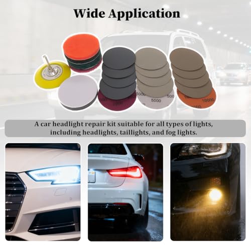 SWPHRT Car Headlight Restoration Kit, 21PCS 3 Inch Vehicle Headlights Lens Polishing Sanding Discs with Buffering Pad, Auto Hook and Loop Sanding Pads, Universal for Automobile RV Truck