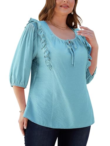 Gzrsfz Womens Plus Size Tops 3/4 Ruffle Sleeve Shirt Casual V Neck Pleated T Shirt Loose Fit Tunic Blouse Blue,XXL — view 2