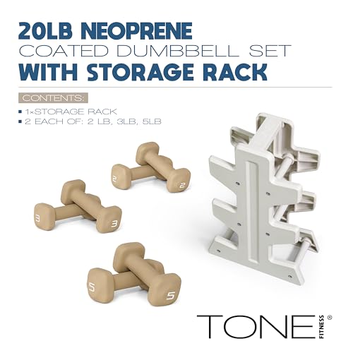 Image of Tone Fitness Neoprene Dumbbell Set with Storage Rack - Non-Slip, Anti-Roll Hand Weights for Home Gym Workouts | 20 lb, 32 lb, 50 lb, 60 lb & 100 lb Options