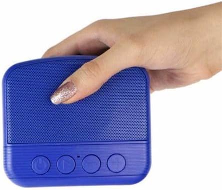 A hand holding a blue NewRixing NR-101 speaker, showing the front panel with control buttons.