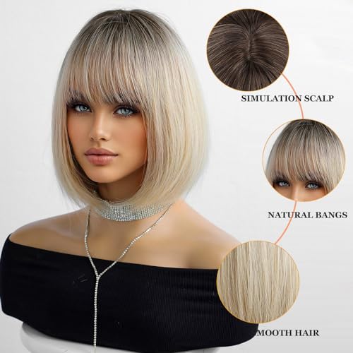 Esmee Short Straight Ombre Blonde Natural Bob Wigs With Bangs Shoulder Length Wig Synthetic Cosplay Wigs for Women - Image 3