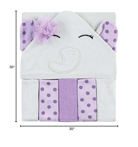 Image of Hudson Baby Unisex Baby Hooded Towel and Five Washcloths, Purple Dots Pretty Elephant, One Size