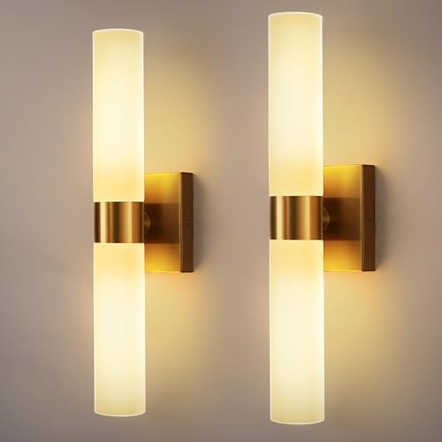 DORESshop Wall Sconce Set of 2, Modern Vanity Lights with Frosted Glass Shade, Sconces Wall Decor Set of 2 for Bathrooms Living Room Stairs Bedroom, Gold, 17.7in by DORESshop - Used condition - US$47.99