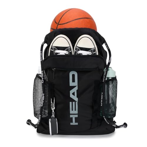 HEAD Waterproof Gym Sackpack for Sport with 2 Zipper Pockets, Large Drawstring Backpacks for Men with Side Pockets for Water Bottle
