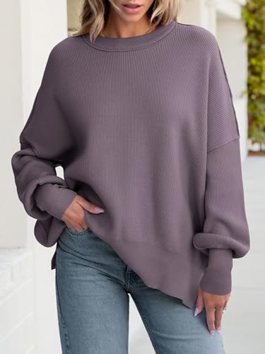 Image of ANRABESS Women Oversized Sweaters Batwing Long Sleeve 2026 Fall Outfits Crewneck Casual Knit Side Slit Fashion Pullover Top