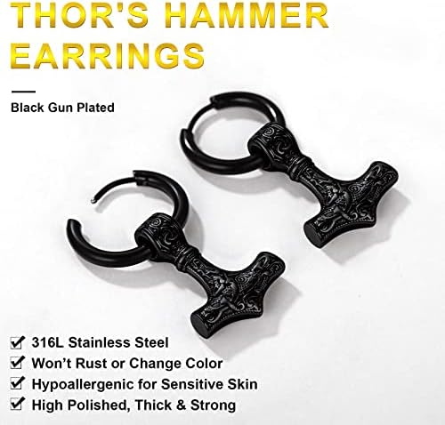 FOCALOOK Viking Hoops Earrings for Men Women Norse Thors Hammer Mjolnir Hinged Huggies Hoop Stainless Steel/Gold/Black Plated Punk Earring(Gift Box Send)