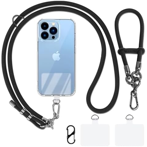 AULEEP Cell Phone Lanyard Crossbody, 2 Pcs Adjustable Premium 8mm Thick Universal Rope Anti Theft Phone Strap & Wrist Strap for Women and Men with 2 Clear Phone Lanyard Patches for All Phones, Black Cover