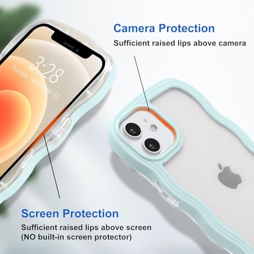 Image of GoldKart iPhone 12 /12 Pro Case Wavy Edge Clear Back Design, Anti-Slip Grip Cute Wave Curly Frame Shape Shockproof Soft TPU & Hard PC Bumper Protective Phone Case Cover for Women Girls - Light Blue