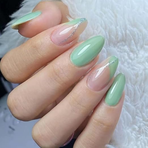 Mint Green Almond Press-On Nails with French Tip Glitter Design | Glossy Acrylic Fake Nails | Reusable Full Cover Nail Set for Women | Salon Finish Nail Art (24 pcs)-image-49