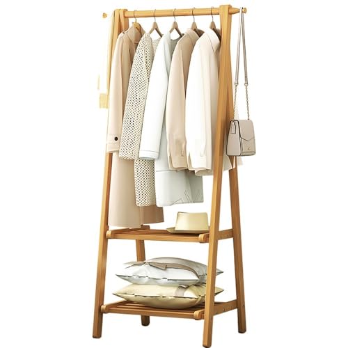 Perchero de bambú con estante de almacenamiento de doble capa para dormitorio, riel colgante de 160 cm de alto y perchero ligero plegable, 66/86/116 cm de largo