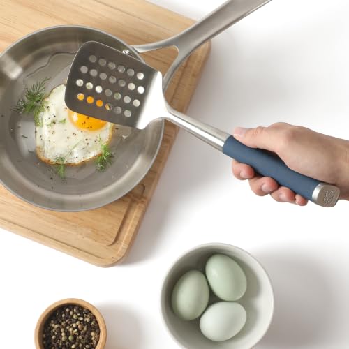 Image of Calphalon Slotted Turner, Kitchen Flipping Spatula, Slotted Spatula, Stainless Steel Turner with Silicone Heat Resistance Handle, Nonstick-Safe Spatula for Draining and Flipping (Navy)