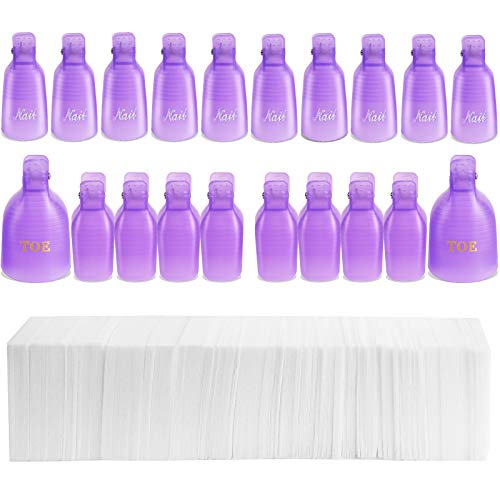 Teenitor Nail Polish Remover Clips Pack of 20, Reusable Toe nail and Finger Nail Art Soak off Cap Clip UV Gel Polish Remover Wrap Nail Tool with 325 pcs Lint Free Cotton Pads Nail Wipe - Purple