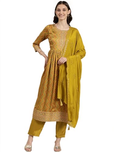 Image of SHOWOFFFF Women Printed Three-Piece A-Line Ethnic Kurta Set | Round Neck 3 /4th Sleeves Satin Kurta Set's for Womens | Mid-Rise Lime Regular Fit Calf Length Kurta Set for Women's