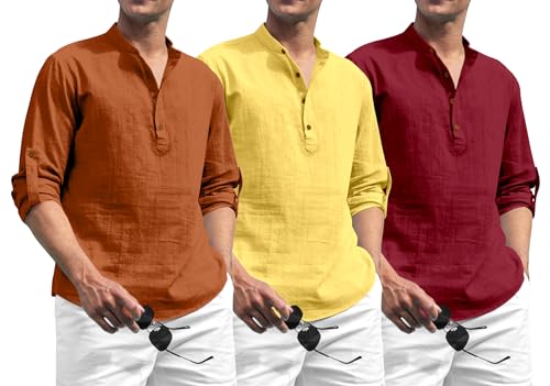 Image of Zombom Combo of Men's Solid Cotton Polyester Blend Full Sleeve Mandarin /Chinese Collor Straight Kurta Shirt (Pack of 3)