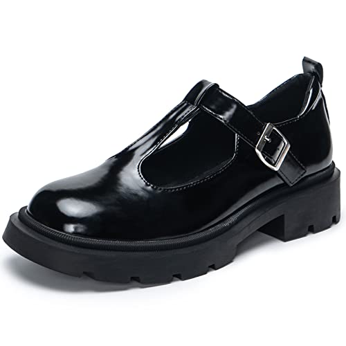 Youngshow Mary Jane Shoes Women Platform Square Toe Chunky Heel T-Strap Lolita Shoes Uniform Dress Shoes For Women Low Heel Pumps Black #TOP6
