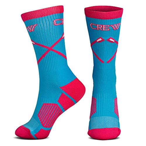 ChalkTalkSPORTS Athletic Half Cushioned Crew Socks | Rowing Loving the Crew Design | Pink/Blue (One size fits most, Men's shoe size 5-11 and Women's 6-12.)