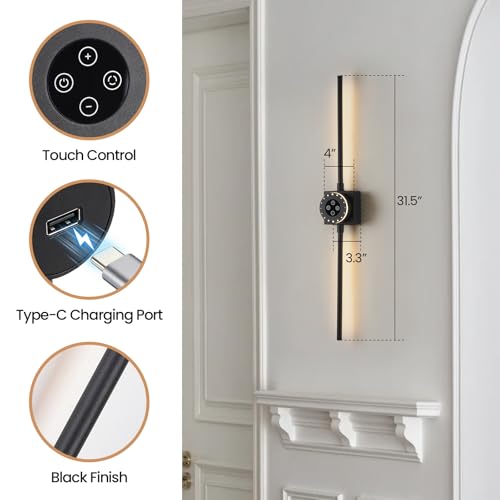 Image of 31.5 Inch Battery Operated Wall Sconce Set of 2, 8000mAh Dimmable Modern LED Wall Sconce, 360Rotate Rechargeable 3000K-6000K Wall Lights with Remote Control for Living Room, Hallway, Bedroom