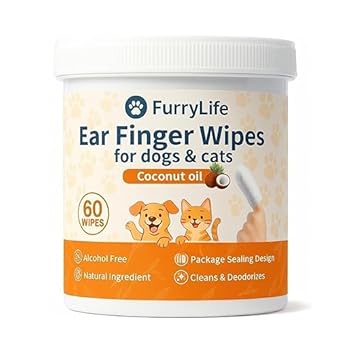 Furry Life Ear Cleaner Finger Wipes for Dogs & Cats – Pet Ear Cleaning Wipes, Grooming Kit Pads, Removes Wax, Dirt, Odor, Itch Relief, Soft, Easy Otic Care with Coconut Scent (Ear 60pcs, Coconut)