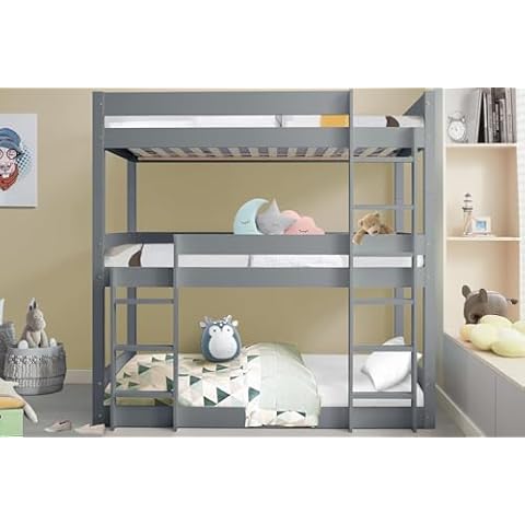 Triple Bunk Bed for Kids, Grey Cover