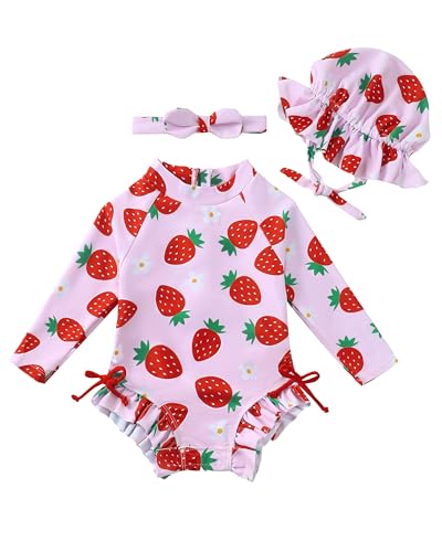 Image of Renotemy Baby Girls Swimsuit Drawstring Zip Bathing Suit Long Sleeve One-Piece Rash Guard Swimwear with Hat for Infant Girl