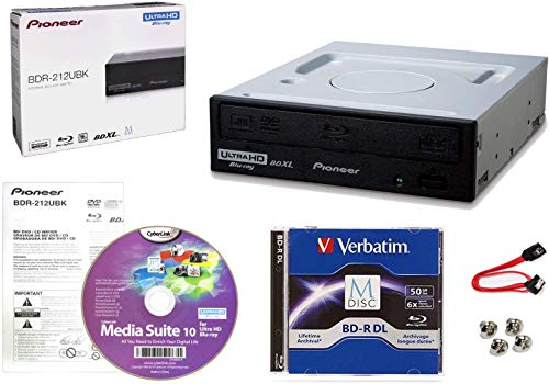 Pioneer BDR-212UBK Internal 16x Blu-ray Writer Drive Bundle with Cyberlink Burning Software, 50GB M-DISC BD-R DL, SATA Cable and Mounting Screws - Burns CD DVD BD DL BDXL Discs