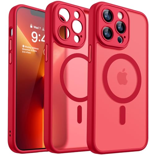 CANSHN Funda Magnética para iPhone 13 Pro MAX(6.7 Pulgadas), Compatible con MagSafe, [Protección Total de La Cámara] Carcasa Fondo Mate Translúcido,Rojo
