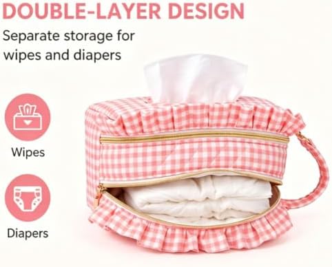 Double-Layer Quilted Wipes Bag Portable Wipe Holder, Ruffle Double-Layer Diaper and Wipes Pouch, Baby Wipes Travel Case Quilted, Reusable Small Hanging Diaper Bag, for Stroller, Home, Travel (Blue) - 1