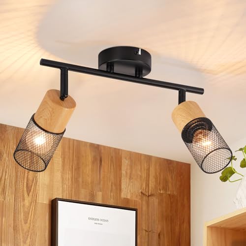 GBLY Deckenstrahler 2 Flammig Deckenleuchte: Vintage Deckenlampe Schwarz Holz Spots 350°Schwenkbar E14 Deckenspots Küchenlampe Retro Wandstrahler für Wohnzimmer Schlafzimmer Küche Ohne Leuchtmittel