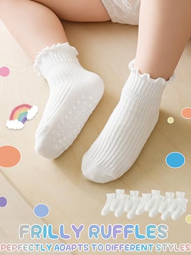 Image of Baby Toddler Girls Socks Grip Ruffle Non Slip Kids Cotton 12 Pack Socks | Premium Soft Cotton,Full Anti-Slip Grips,6 Month-7T Grippy Crew Socks for Girls,Daily School All Season Wear,Cute Ruffle Edge
