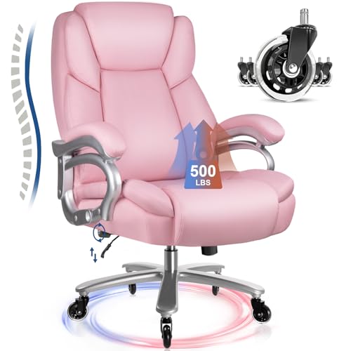 Image of Waleaf 500lbs Big and Tall Office Chair, Heavy Duty Chair for Heavy People, Adjustable Ergonomic Lumbar Support Executive Chair, Large High Back and Quiet Rubber Wheels, Pink