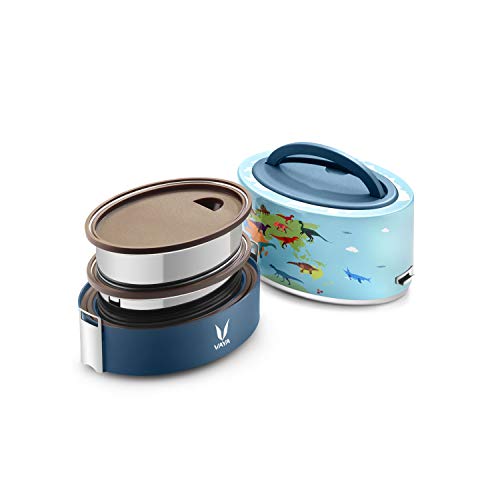 Image of VAYA TYFFYN Polished Stainless Steel Lunch Box for Kids Without Bagmat, 600 ml, 2 Containers, Dino