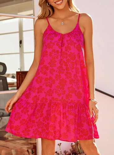 Image of Dokotoo Summer Dresses for Women 2026 Spaghetti Strap Sexy Deep V Neck Smocked Ruffle Flowy Boho Dresses