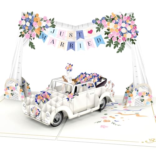 papercrush® Pop Up Karte Hochzeitsauto und Just Married-Girlande - Edle 3D Hochzeitskarte für Brautpaar, Glückwunschkarte zur Hochzeit, Gutschein...